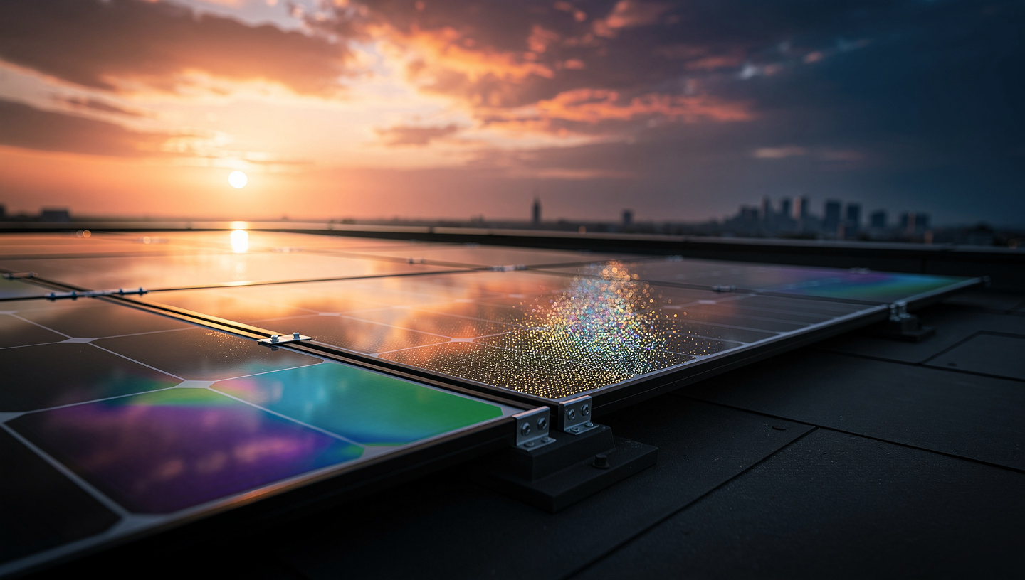 EdgeSolar — quantum dot iridescent solar panel at sunset